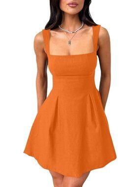 Women's Mini Dress Orange Square Neck Sleeveless A LINE Strap Summer Comfort
